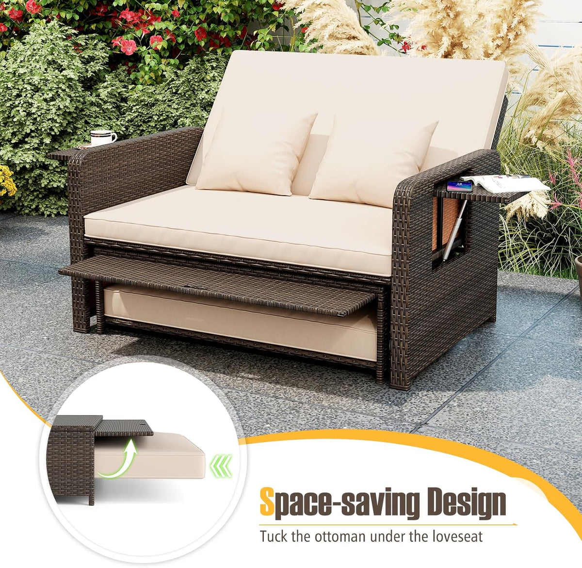 S AFSTAR Outdoor Daybed with Storage Ottoman, Wicker Chaise Lounge Chair with Cushions, Adjustable Backrest & 2 Retractable Trays, Patio Rattan Daybed Loveseat Sofa for Poolside Backyard