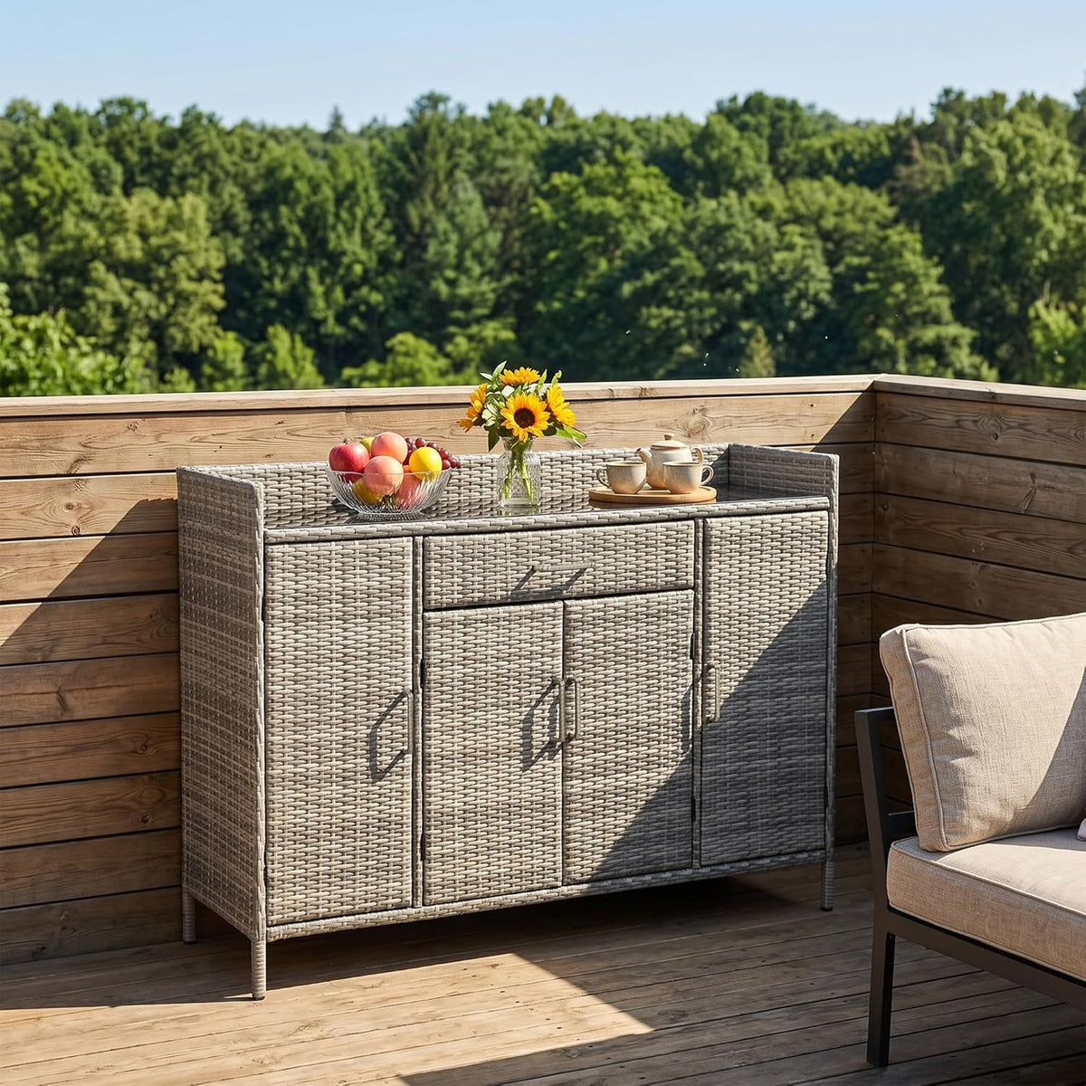 Merax 53.2" Patio Wicker Storage Cabinet, Outdoor Waterproof Patio Bar Table with Drawer and Shelves, Wicker Buffet Cabinet Sideboard for Poolside and Backyard, Black+Brown