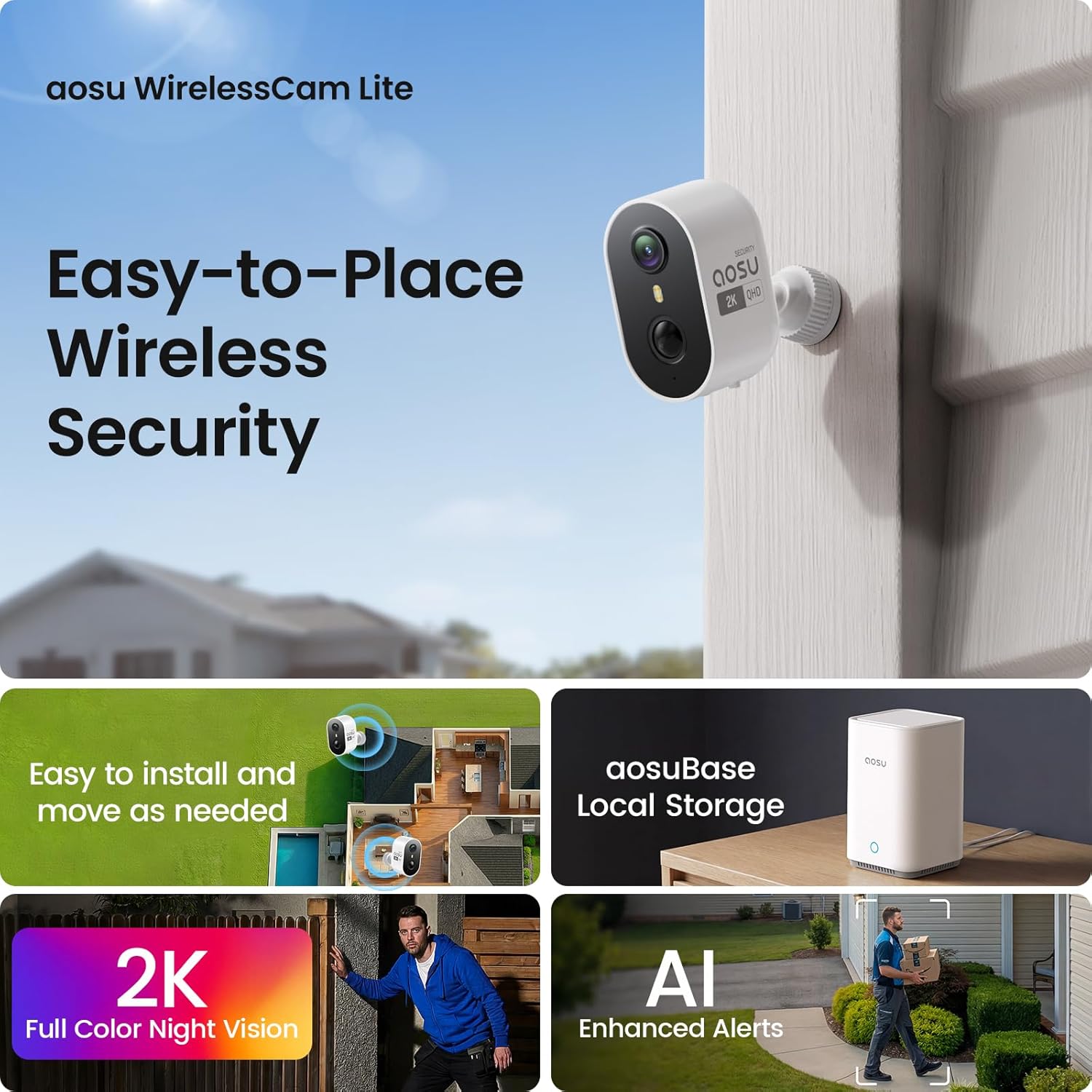 aosu Wireless Outdoor Security Camera Kit with aosuBase Local Storage, 2K with 6X Zoom, 4-View Live, Cross-Camera Person Timeline, PIR + AI Human Detection, Color Night Vision, 4-Cam-Kit