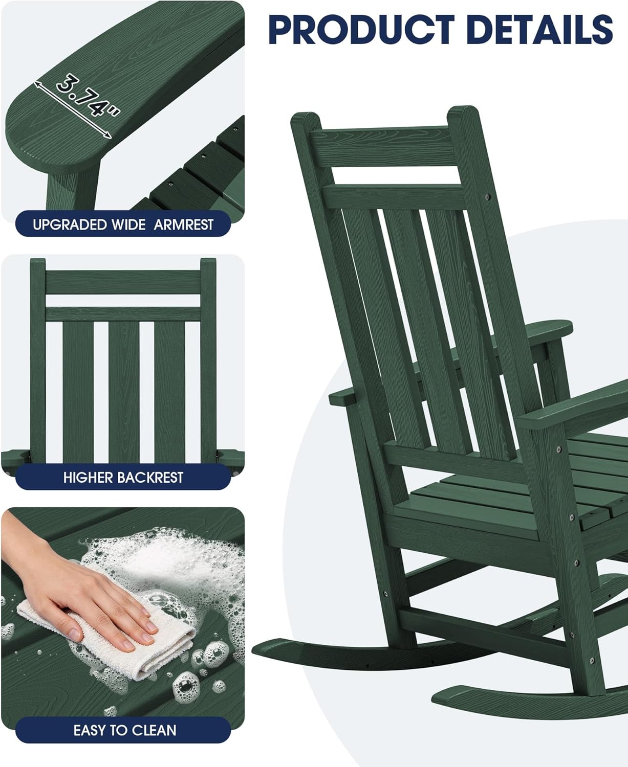 KINGYES Oversized Outdoor Rocking Chair Set of 2, All-Weather Patio Rocking Chairs for Porch, HDPE Outdoor Patio Recliner Rockers with High Back & Wide Seat for Garden, Lawn, Green