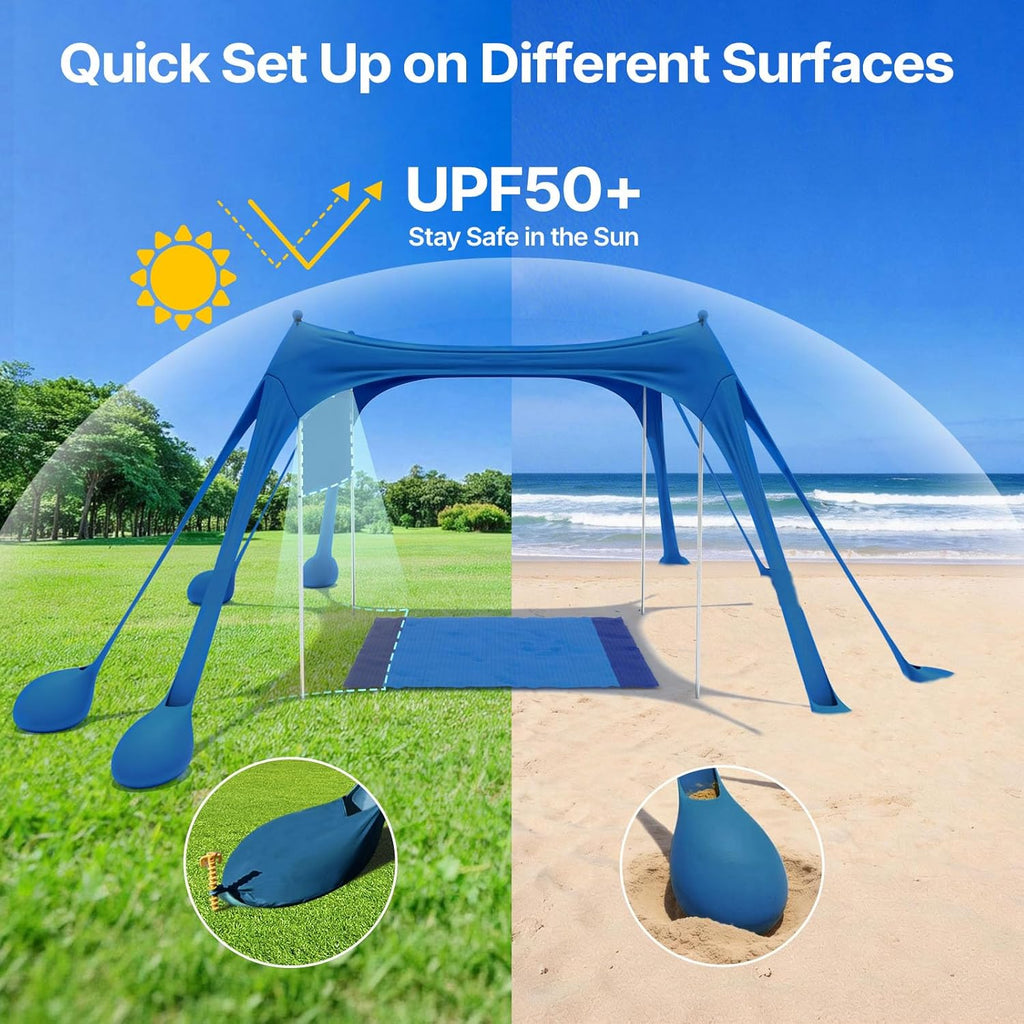 Suteck Beach Tent Sun Shelter with Sidewall, Easy Set Up 10x10ft Beach Canopy, Outdoor Sun Shade with UPF 50+UV Protection, 8 Sandbags, 4 Stability Poles for Camping, Fishing or Picnics(Navy Blue)