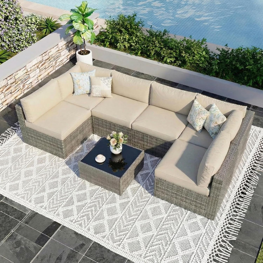 Wisteria Lane 7 Pieces Outdoor Patio Furniture Set, Wicker Outdoor Patio Sectional Sofas with Coffee Table, All-Weather Patio Conversation Set for Garden Backyard, Beige