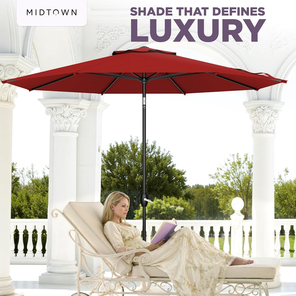Midtown Umbrellas - The Lean 9 Ft Patio Umbrella with Fade-Resistant Sunbrella Fabric, Auto-Tilt Aluminum Frame and 8 Reinforced Ribs for Deck, Pool & Garden - Red Canopy, Black Pole