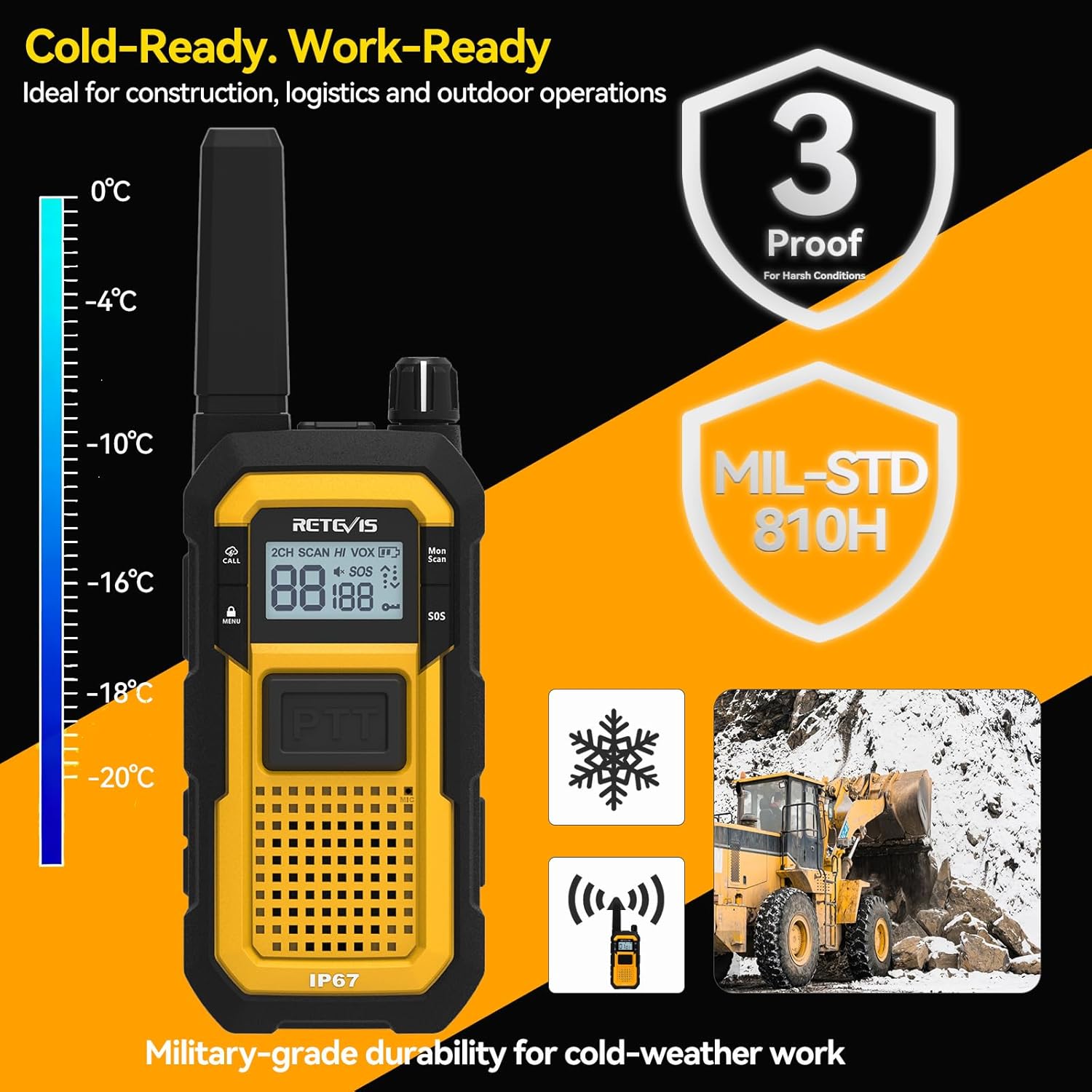Retevis RB48 Heavy Duty Waterproof Walkie Talkies, Long Range Rechargeable Two Way Radios, Advanced Triple Proof, Vibration Reminder, for Warehousing Construction Contractor(10 Pack)