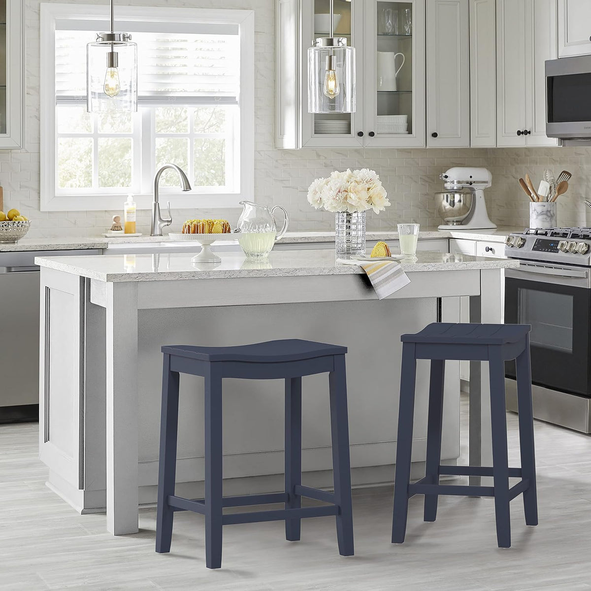 Hillsdale Fiddler Wood Backless Counter Height Stool with Saddle-Style Seat, Navy