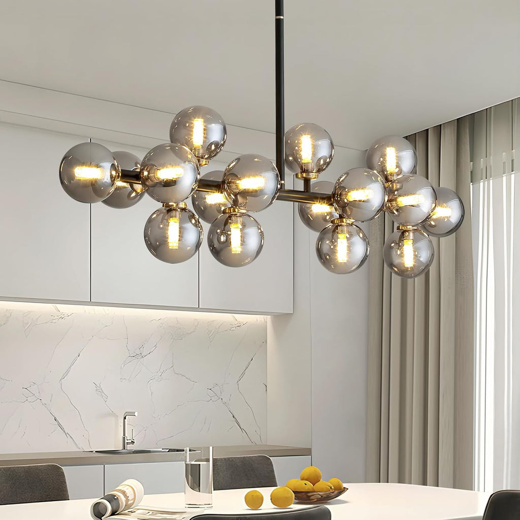 16 Lights Mid Century Modern Chandelier Black Linear Chandelier Light Fixtures Glass Globe Sputnik Pendant Light for Dining Room Kitchen Island (Smoke Gray Lampshade)