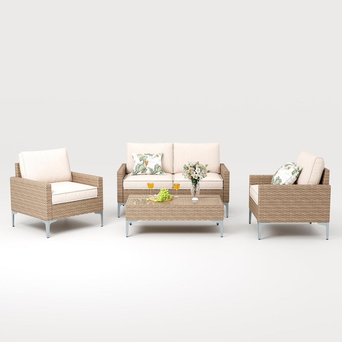 4-Piece Outdoor Patio Furniture Set Beige All-Weather Rattan Outdoor Couch with Coffee Table Outdoor Patio Sofa Seating with Cushions for Garden, Poolside, Porch