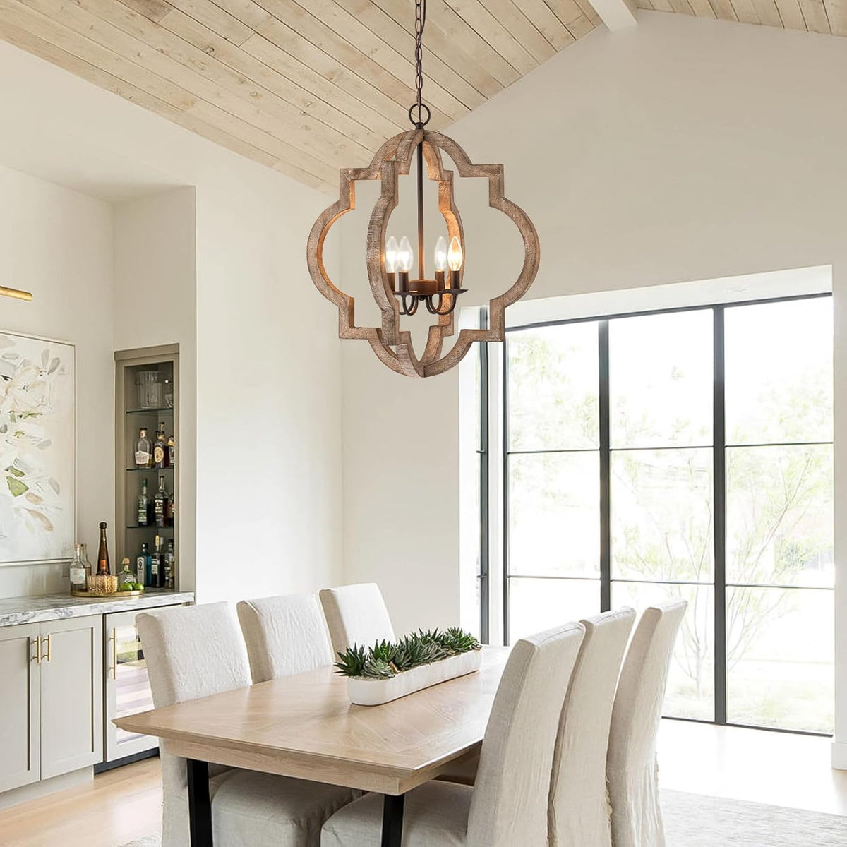 22" Oak Farmhouse Chandeliers Dining Room Light Fixture Over Table Orb Distressed Wood Pendant Light 4-Light Rustic Large Hanging Light for Foyer Entryway Kitchen Island Living Room Bedroom E12