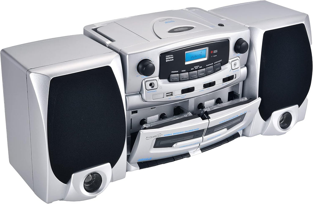 Supersonic SC-2121BT Bluetooth Entertainment Audio System, Bluetooth 5.0, op Loading MP3/CD Player, AM/FM Radio, USB Input, Double Cassette Recorder, High-Performance Detachable Speakers, AC/DC