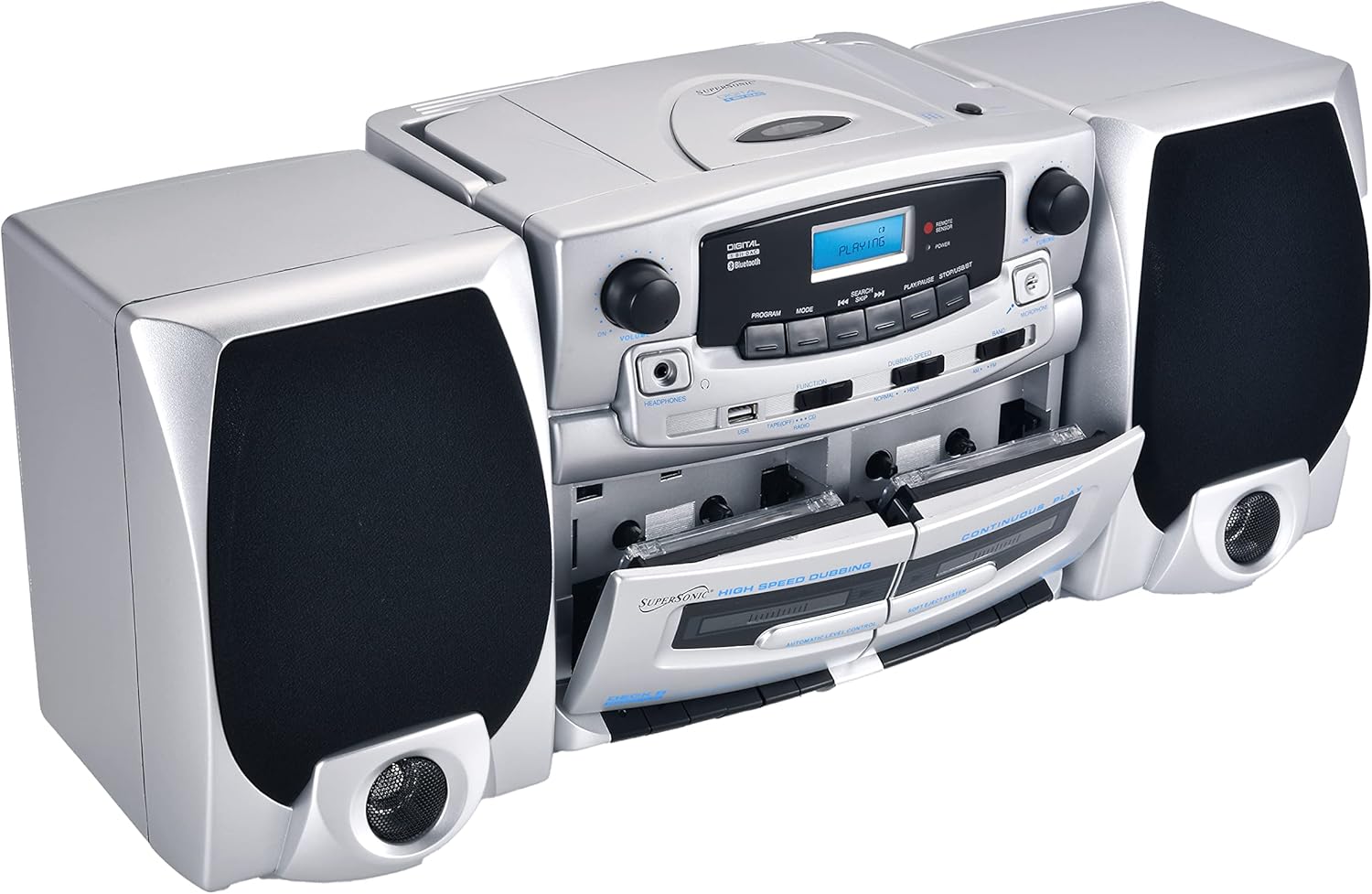 Supersonic SC-2121BT Bluetooth Entertainment Audio System, Bluetooth 5.0, op Loading MP3/CD Player, AM/FM Radio, USB Input, Double Cassette Recorder, High-Performance Detachable Speakers, AC/DC