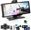Portable Apple Carplay Screen, 10'' Car Stereo Wireless Car Play & Android Auto Touch Screen, 4K Dash Cam, 1080P Backup Camera, Mirror Link/Voice Control/Music Play/GPS Navigation