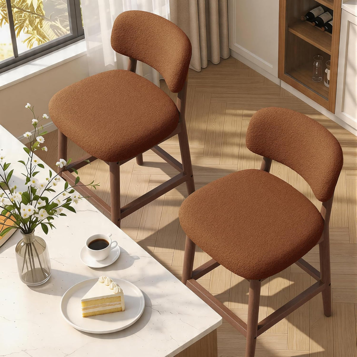 Counter Height Bar Stools Set of 2, Mid-Century Modern Boucle Bar Chairs with Solid Wood Frame, Upholstered Stools with Backrest for Kitchen Island, Home Bar, Caramel Brown