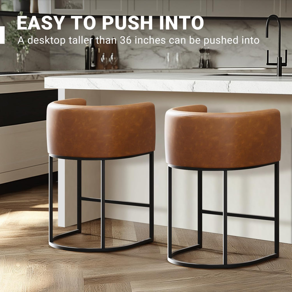 26" H Counter Height Bar Stools Set of 4, Modern Barrel Counter Stools with Backrest and Arms, Faux Leather Upholstered Accent Barstools for Kitchen Island,Support 450 LBS (Walnut Brown
