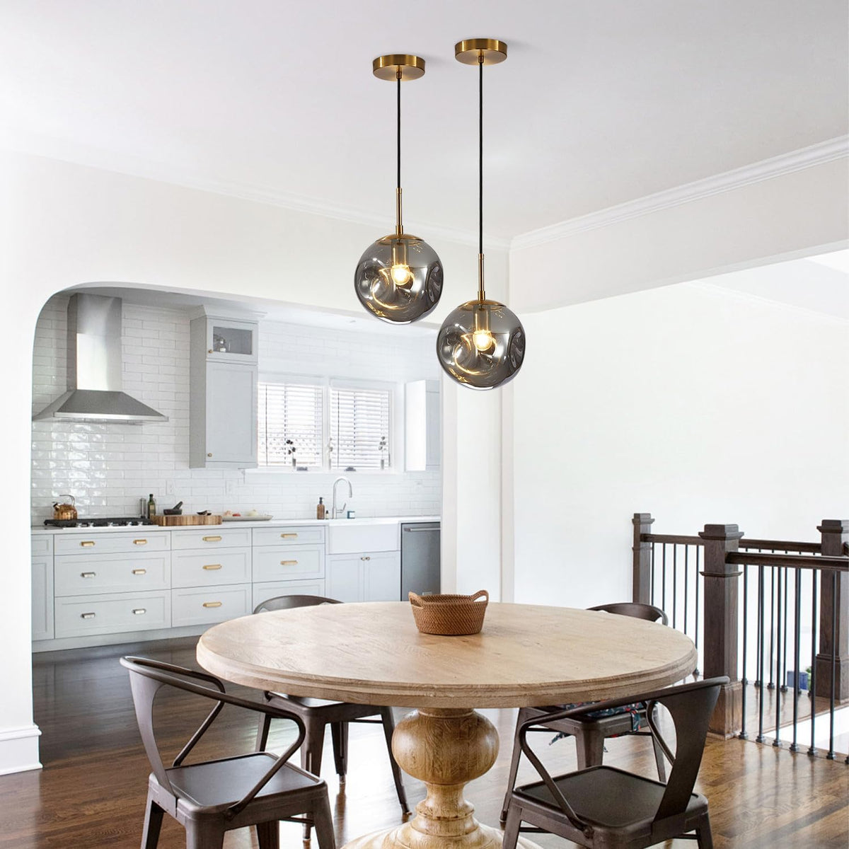 BOKT Globe Pendant Light Set of 3 Light Brushed Brass Round Ceiling Pendant Light with Smokey Gray Irregular Hanging Light 3 Pack Retro Chandelier Light Fixtures for Kitchen Island Dining Room