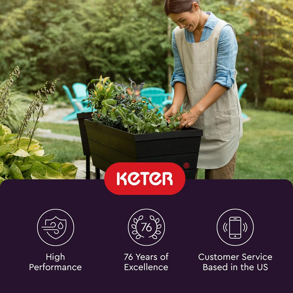 Keter Urban Bloomer 12.7 Gallon Raised Garden Bed and Outdoor Herb Garden Planter with Self Watering Gauge and Drainage Plug, Dark Grey