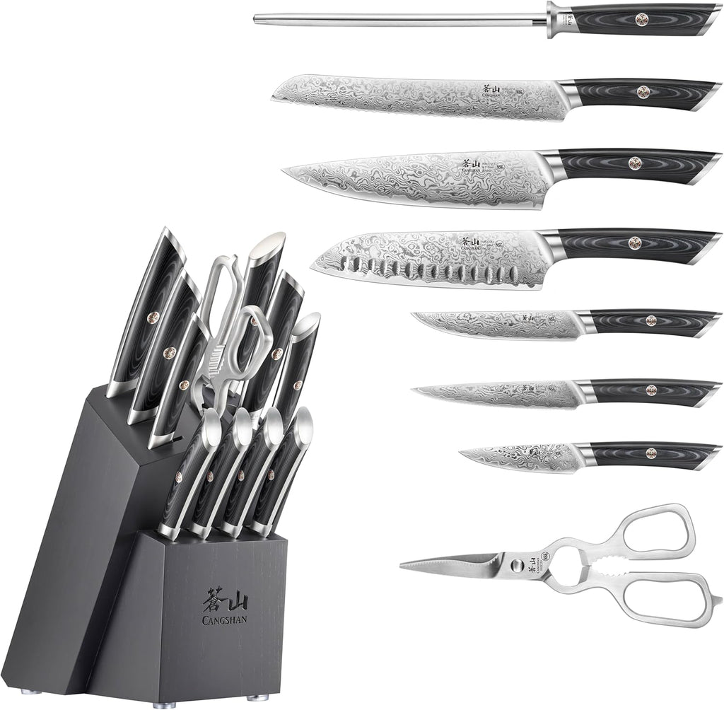 Cangshan KURO Series 12-Piece Knife Block Set, High Carbon X-7 Damascus Steel, 504340