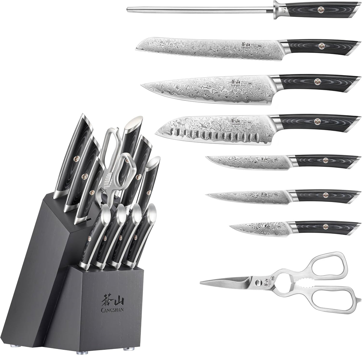 Cangshan KURO Series 12-Piece Knife Block Set, High Carbon X-7 Damascus Steel, 504340