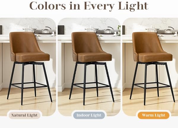 COLAMY Bar Stools Set of 4, 26" Swivel Counter Height Chairs with Back,Thick Padded Seat & Footrest,Modern Faux Leather Barstool for Kitchen Island,Dining Room,Pub,Brown