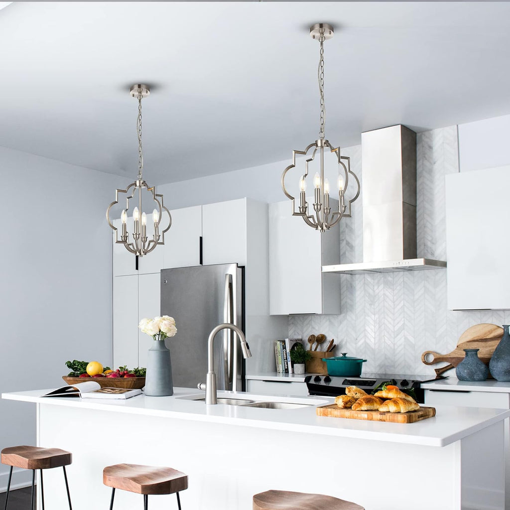 Jonsi Brushed Nickel Chandelier - 4 Lights Kitchen Island Pendant Light, 15.6" Farmhouse Orb Geometric Adjustable Height Ceiling Hanging Lighting for Entryway Foyer Bar Restauran Living Dining Room