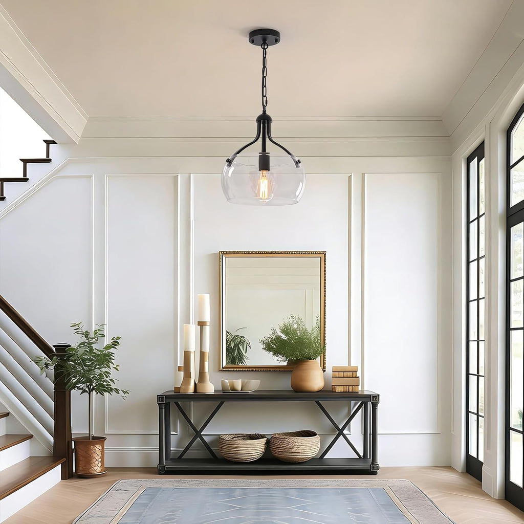 1-Lights Modern Pendant Lights Kitchen Island, Matte Black Pendant Light Fixtures with 11.8" Clear Glass Shade, Industrial Hanging Chandelier for Kitchen Entryway Bedroom Foyer