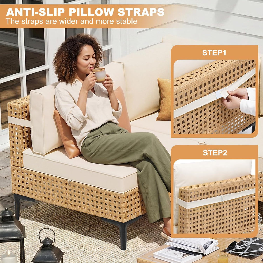 ABCASA Patio Furniture Set, 110" Large 7-Piece Wicker Outdoor Patio Furniture Sets with Anti-Slip Cushions & Coffee Table,Boho Patio Conversation Set Sectional Sofa for Backyard,Porch,Beige