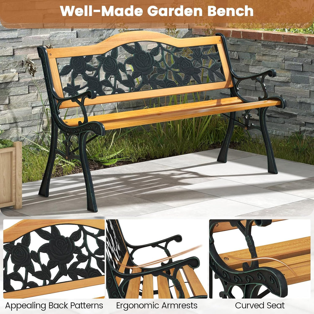 Tangkula Outdoor Garden Bench Park Bench, Patio Furniture Bench Chair with Cast Iron & Hardwood Structure, Weather Proof Porch Loveseat, Perfect for Backyard, Deck, Lawn, Poolside