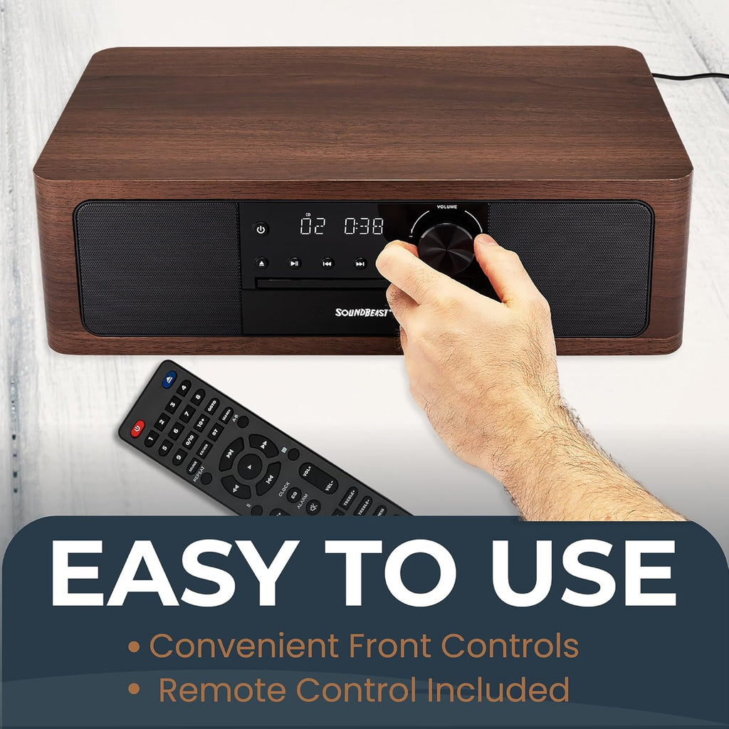 SoundBeast Stereo Shelf System with CD Player, Bluetooth, FM Radio, USB Playback, Aux in, Optical in, Alarm Clock, & Remote Control