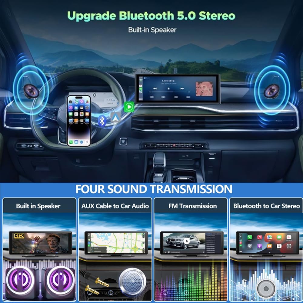 Wireless Carplay Screen for Car 10.26" 4K 360 Rotation Dash Cam Carplay&Android Auto Car Stereo 1080p Backup Camera GPS Navigation/Mirror Link/Voice Control/Siri/FM Satellite Radio Receiver