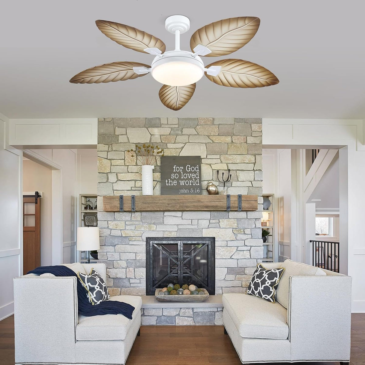 PHORUS 52" Palm Leaf Ceiling Fans with Lights, Outdoor Tropical Ceiling Fans with Remote for Patios Living Room, Dimmable, 6 Speeds, Reversible, Wood Grain