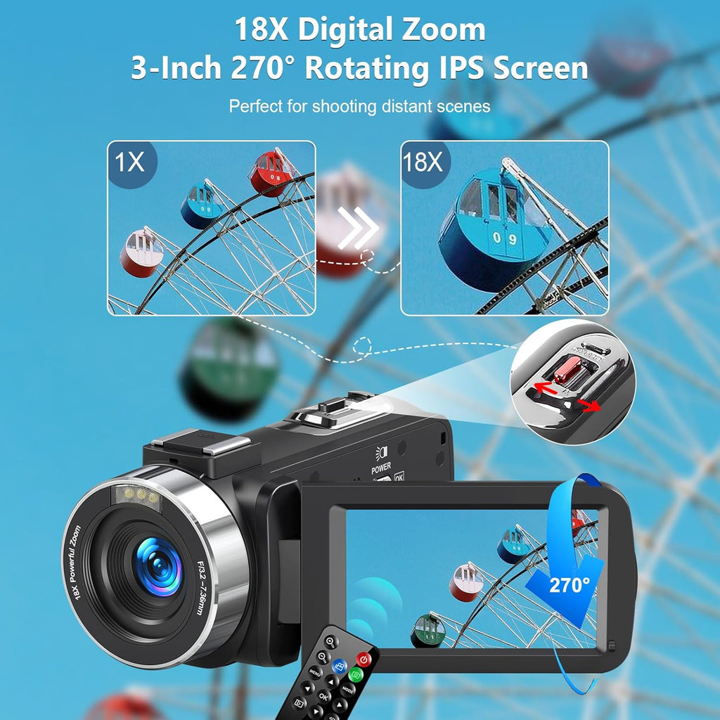 4K Camcorder Video Camera HD 80MP 30FPS Vlogging Camera for YouTube IR Night Vision Camera 18X Digital Zoom 3.0 IPS Screen Video Recorder with 32GB SD Card, 2 Batteries, Remote Control, and Stabilizer