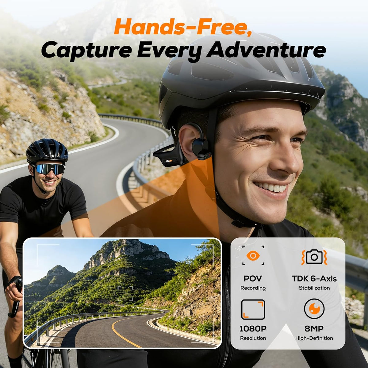 MusicCam World's 1st Bone Conduction Headphones with Camera, Hand-Free POV Camera Headphones, IP68 Water & Sweat Resistant, AI Functions, Open-Ear Bluetooth Wireless Sport Earphones with APP