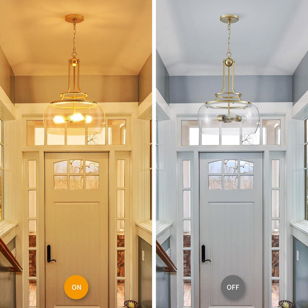 WUZUPS Chandelier Rustic Farmhouse Industrial Round Ceiling Pendant LED Light Fixture Clear Seeded Glass Shade for Dining Room Kitchen Island Foyer Entryway, H 20.9" x W 15.9", Gold