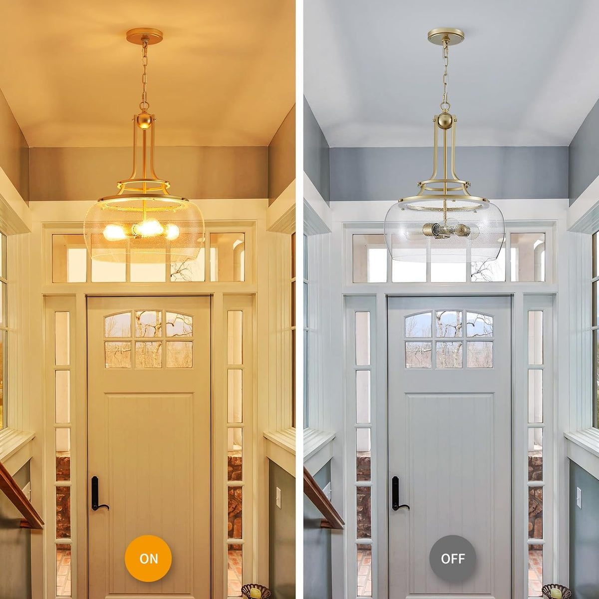 WUZUPS Chandelier Rustic Farmhouse Industrial Round Ceiling Pendant LED Light Fixture Clear Seeded Glass Shade for Dining Room Kitchen Island Foyer Entryway, H 20.9" x W 15.9", Gold