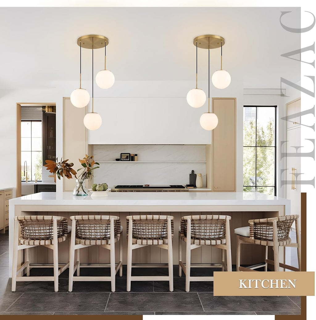 3-Light Cluster Pendant Lights, Mid Century Modern Globe Cluster Chandelier with Milk Glass, Brass Gold Pendant Lighting for Kitchen Island, Staircase, Dining Room, Living Room