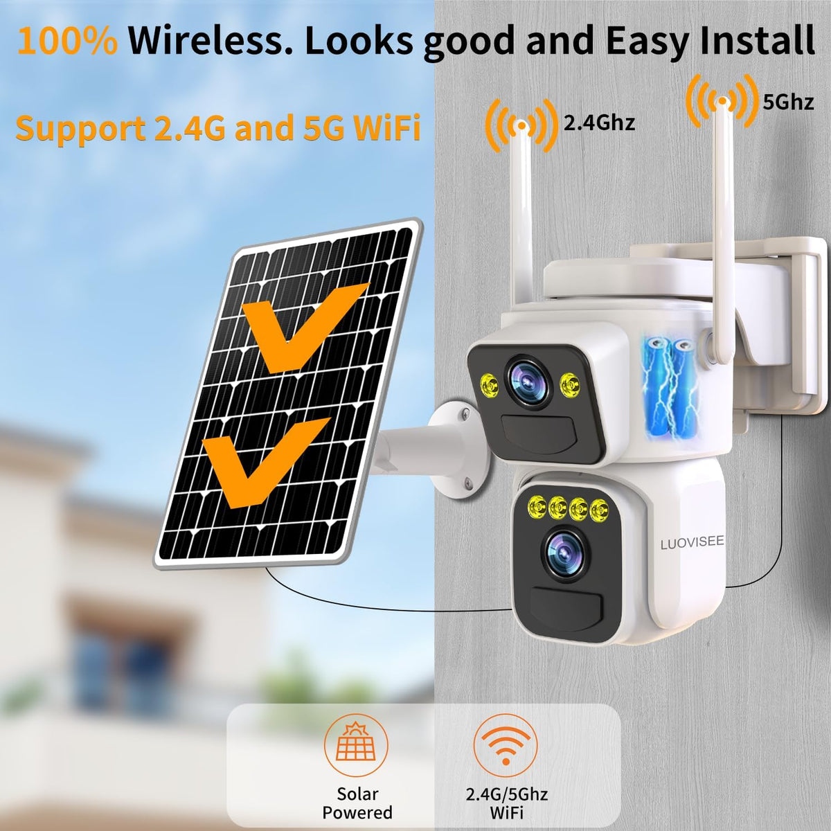 Luovisee Cameras for Home Security with Dual Lens,2.4G/5G WiFi Outdoor Camera Wireless Solar Powered,PIR Alarm,Color Night Vision,2-Way Audio,Cloud/SD Storage,No Month Fee(2 Pack)
