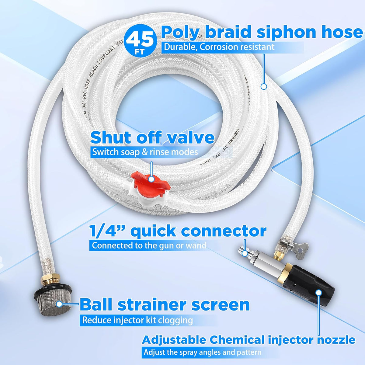 FIXFANS Adjustable Pressure Washer Long Range Nozzle 4-4.5 GPM with 45 FT Braid Hose, Downstream Injector Power Washer Spray Nozzle, External Chemical Injection, 1/4'' Quick Connect, 2500 to 4000 PSI
