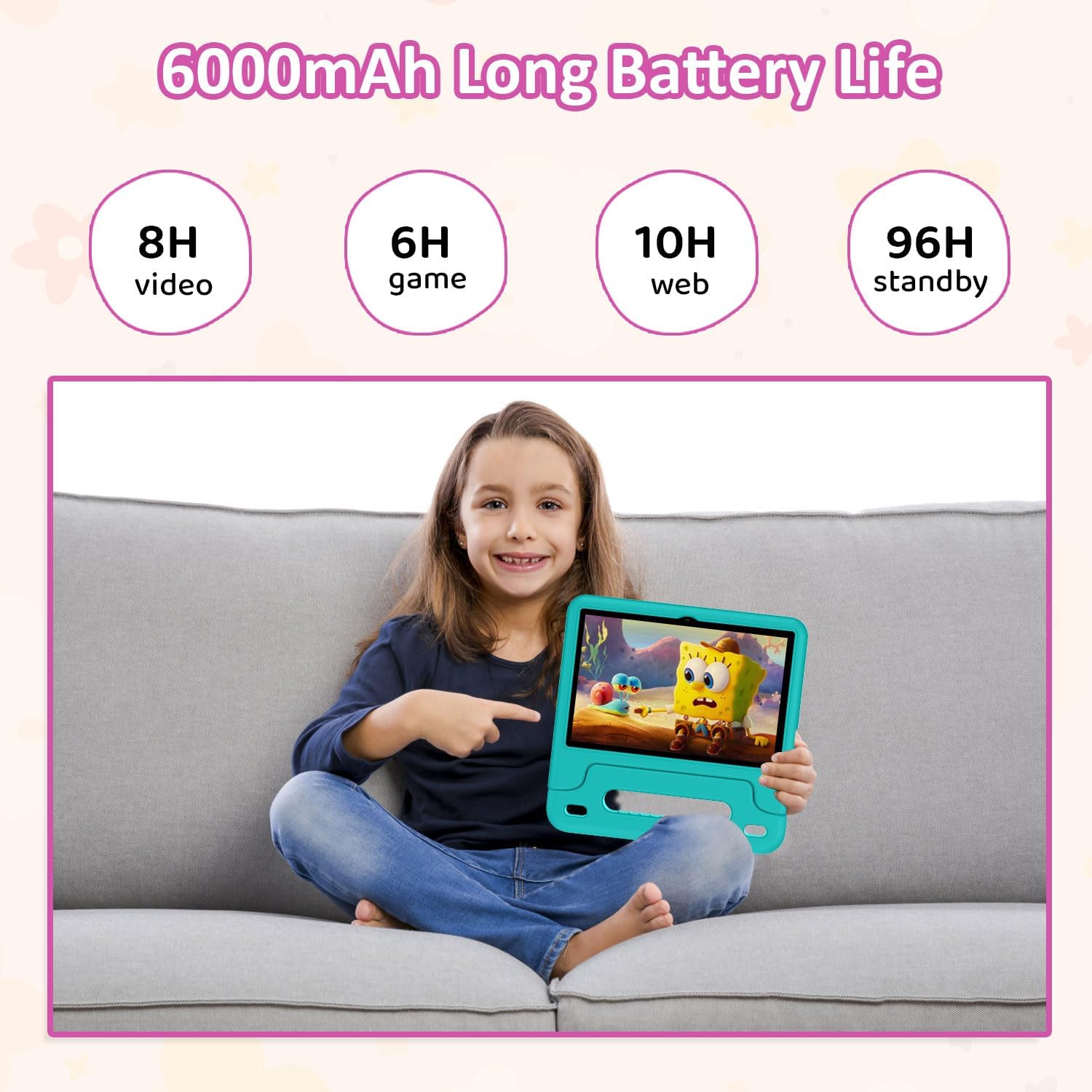 WXUNJA Android 15 Kids Tablet, 2025 Upgraded 10.1 Inch Tablets with Octa-core Processor, 6000mAh Battery, Kid Space, Parental Control,Pre-Loaded Kids Apps, 2.4/5GHZ Dual WiFi, Case Included, Green