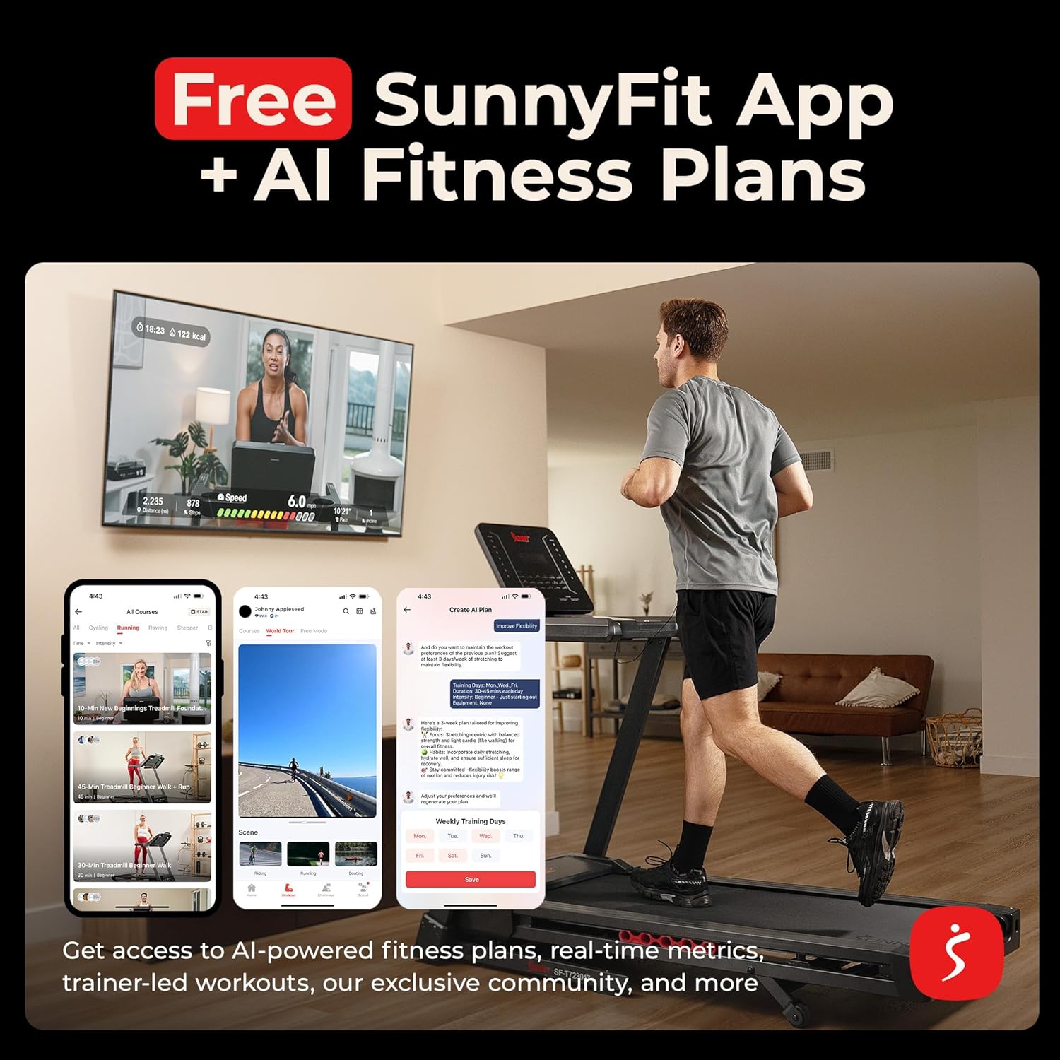 Sunny Health & Fitness Treadmill Elite Smart Auto Incline for Home Use, Wide Running and Walking Deck, Flex Shock Suspension with 300 LB Weight Capacity Bluetooth SunnyFit App