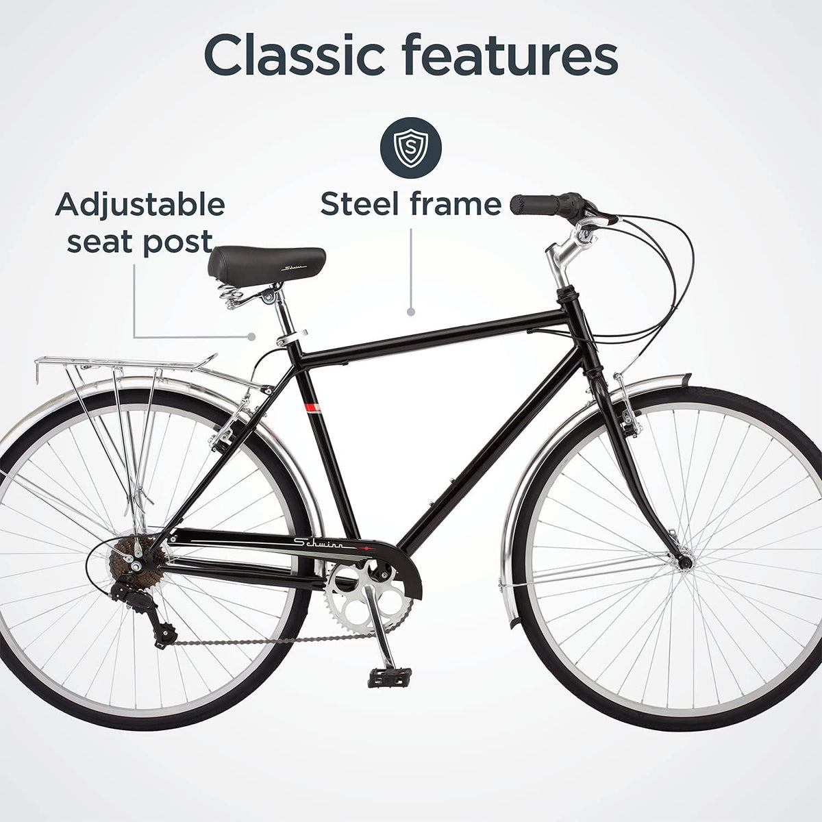 Schwinn Wayfarer Hybrid Bike, 700c Mens and Womens Bike, 7-Speed Hybrid Bicycle, Retro Steel Frame, Front and Rear Linear Pull Brakes, Fenders, Cargo Space, Adult Bicycle