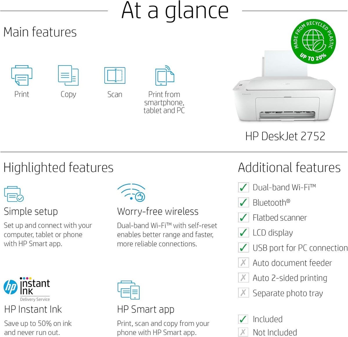 HP DeskJet 2752 All-in-One Color Inkjet Printer Scanner and Copy with Mobile Printing, Wireless Printers for Home and Office, Instant Ink Ready, Dual-Band WiFi, White (Renewed)