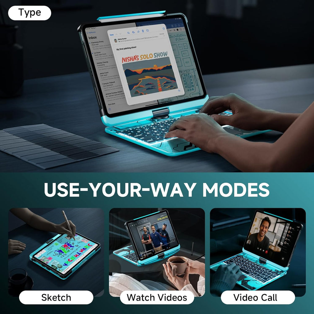 Transparent Case with Keyboard for iPad Pro 13 inch(M5/M4, 2025/2024), iPad Pro 13,7-Color Backlit,Magic Wireless Keyboard, 360°Rotating,Multi-Touch trackpad,Pencil Holder,with Shortcuts,Blue