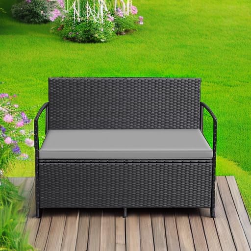 Greesum Patio Loveseat PE Rattan Wicker Outdoor Furniture with Soft Cushions & Built-in Storage Space for Lawn Garden Backyard, Black