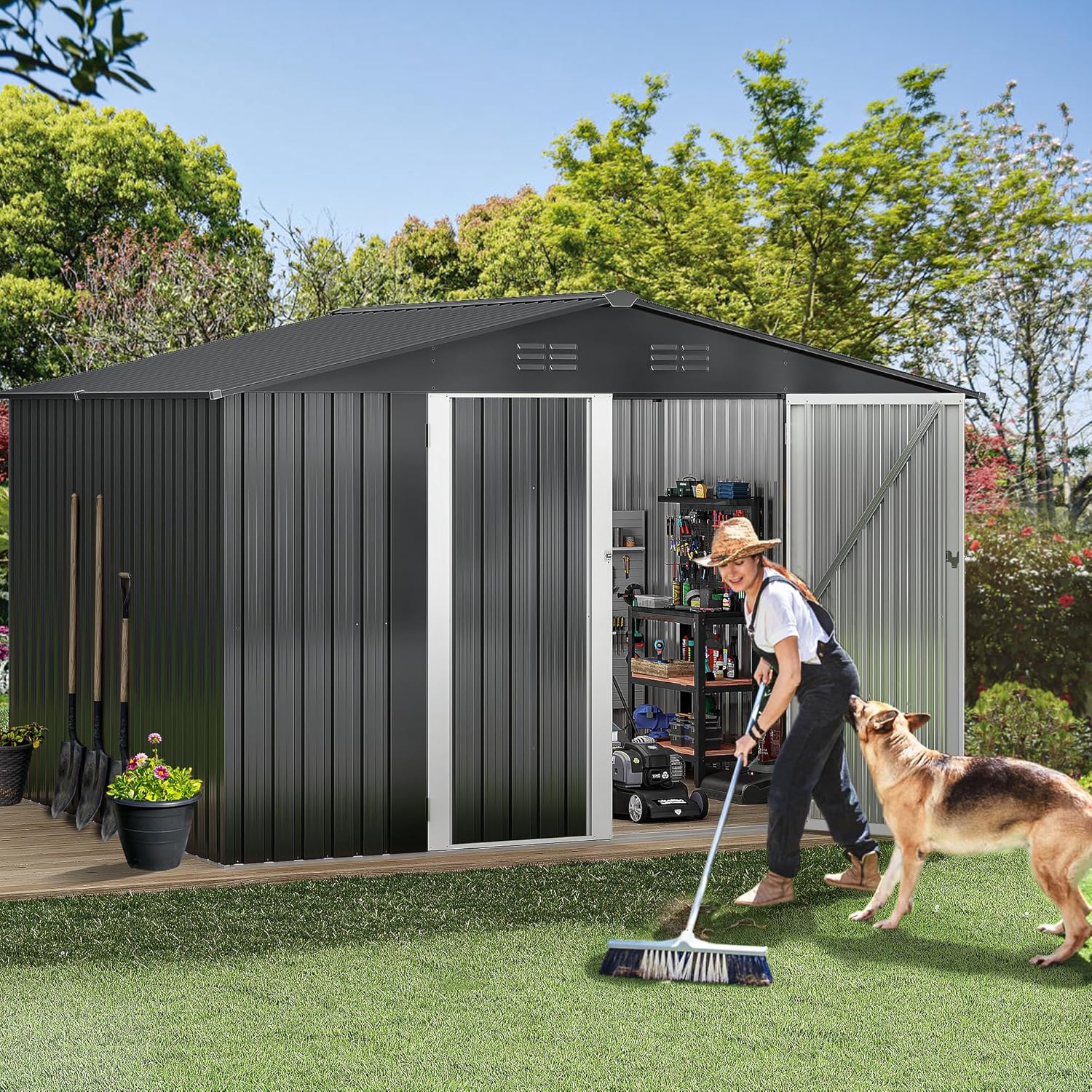 DWVO 10x8FT Outdoor Storage Shed, Spacious Metal Tool Shed with Lockable Doors & Ventilation for Patio, Lawn, and Backyard, Ideal for Storing Garden Equipment, Lawnmowers, and Bicycles, Dark Gray