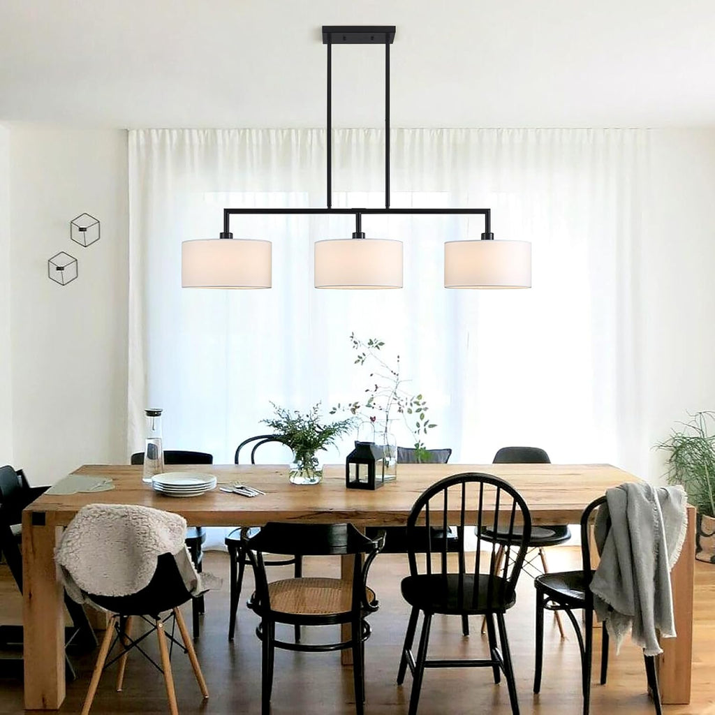 47" W Modern Linear Kitchen Island Pendant Light Fixture 3-Light White Linen Drum Shade Chandelier Black Metal Linear Chandeliers for Dining Room Farmhouse Hanging Light for Living Room, Bar, E26