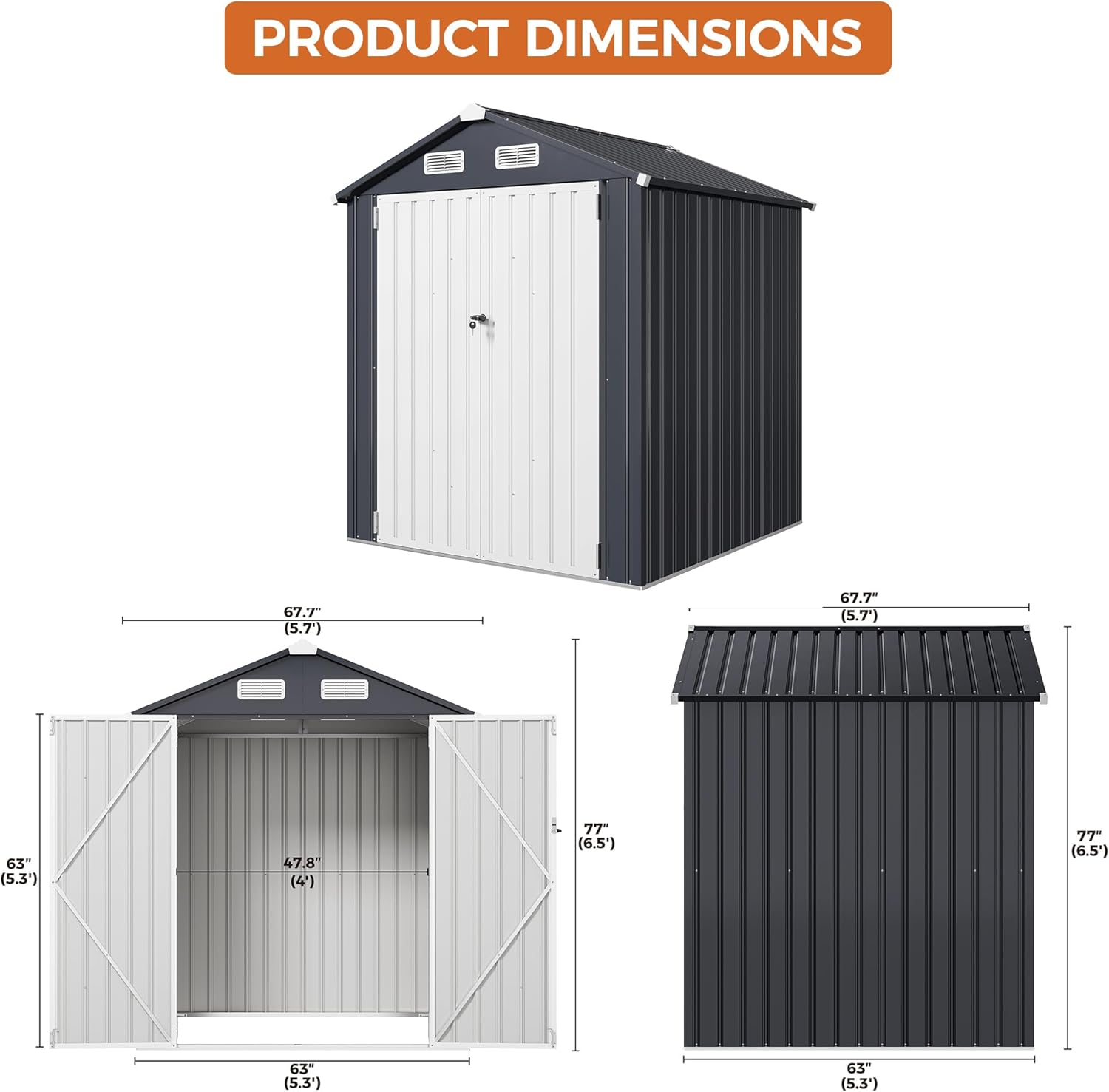 IRONCK 5.7x5.7FT Storage Shed, Outdoor Tool Shed with Lockable Doors and Breathable Vent, Outside Metal Garden Storage for Poolside, Backyard, Patio, Dark Blue