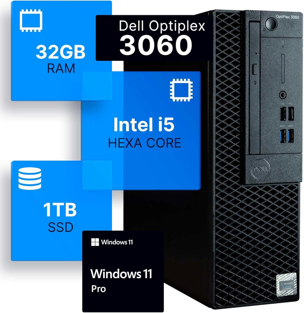 Dell Optiplex 3060 Desktop Computer | Intel i5-8500 (3.2) | 32GB DDR4 RAM | 1TB SSD Solid State | Built in WiFi | Bluetooth | Windows 11 Professional | Home or Office PC (Renewed)