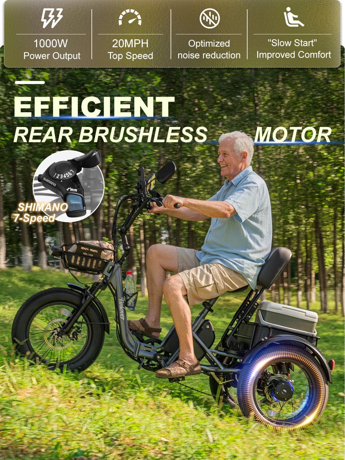 Creek Folding Electric Tricycle for Adults, Etrike with Passenger Seat & Backrest, 1000W 20MPH 80Miles Fat Tire Electric Trike, 3 Wheel Electric Bike, Reverse, Parking, Differential, Gray