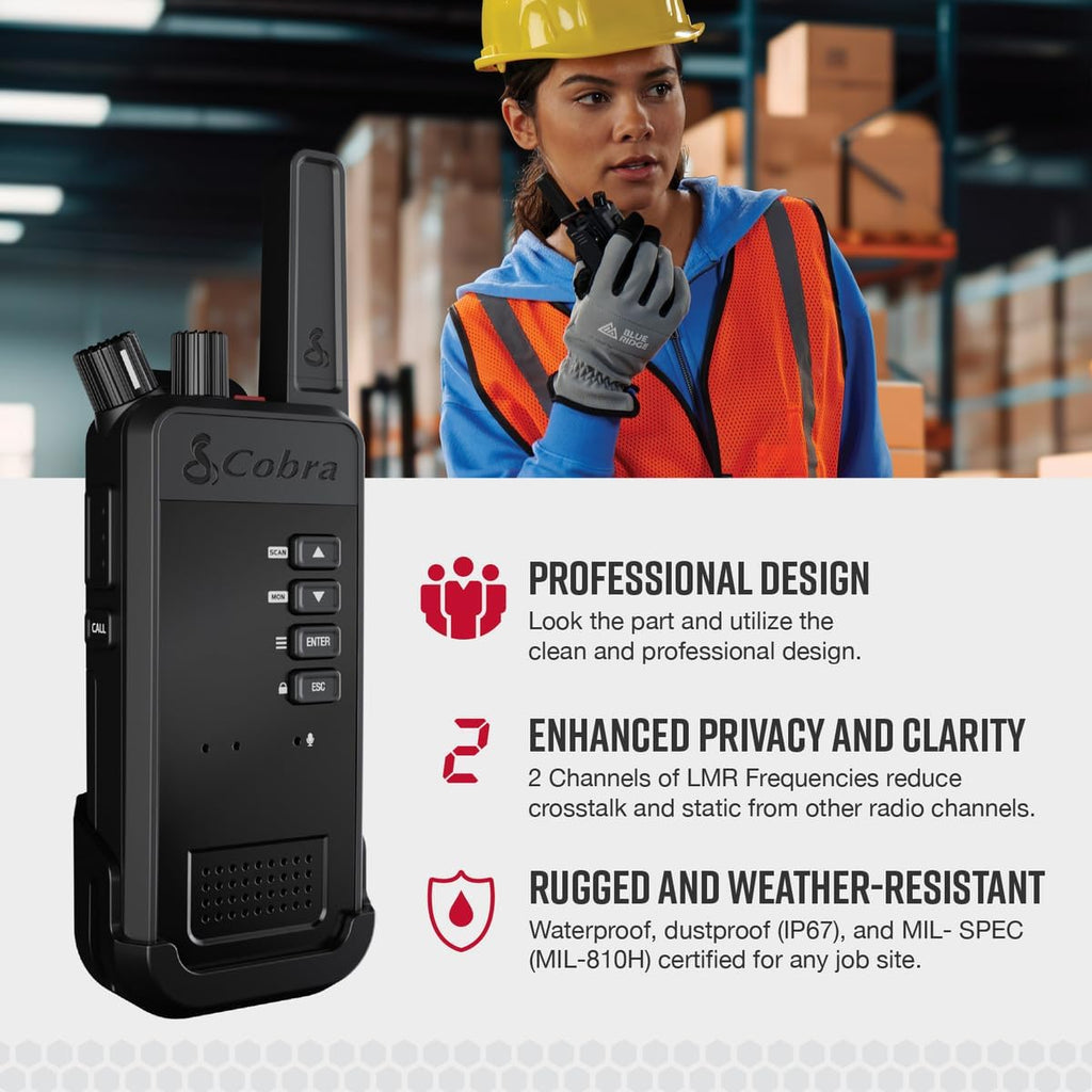 Cobra Performa 400 Business Radio (1-Pack with Dock) - 2-Channel UHF/LMR Professional Two Way Radio, Waterproof Walkie Talkie, Drop Proof, Shockproof IP67 & MIL-SPEC Rated, 18-Hour Li-Ion Battery