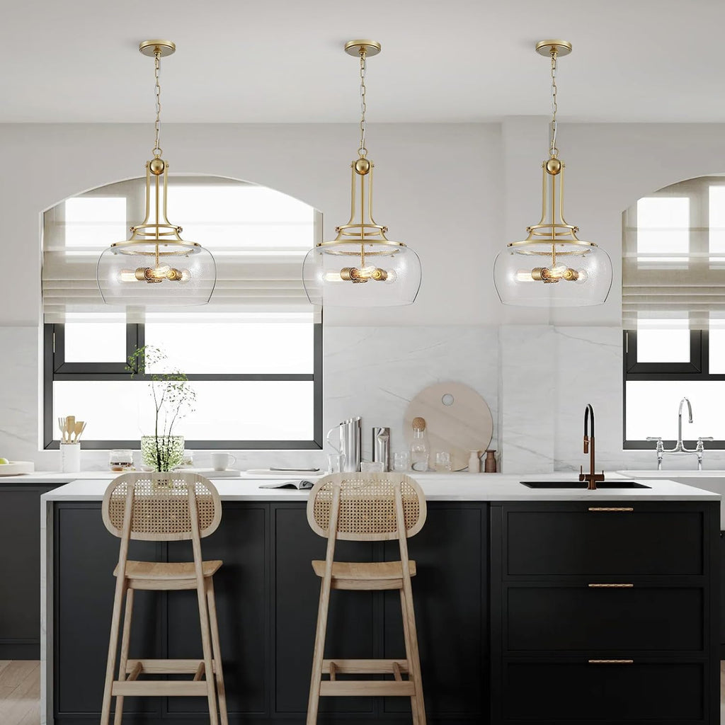 WUZUPS Chandelier Rustic Farmhouse Industrial Round Ceiling Pendant LED Light Fixture Clear Seeded Glass Shade for Dining Room Kitchen Island Foyer Entryway, H 20.9" x W 15.9", Gold