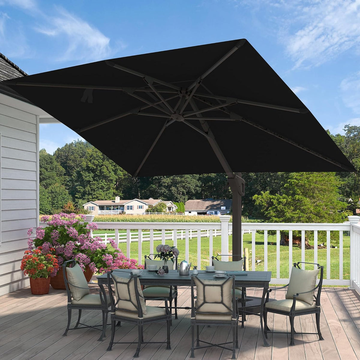 9' X 12' Cantilever Patio Umbrella with Base Included Rectangular Outdoor Large Offset Umbrellas with 7 Tilts Adjustable 360°Rotation for Deck Pool Garden Backyard, Black